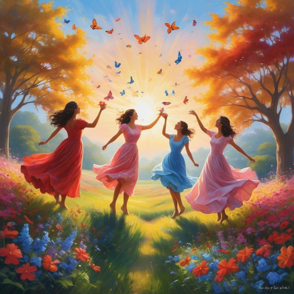 A whimsical landscape featuring a radiant sun shining over a field of colorful flowers, with people engaging in joyful activities like dancing, painting, and laughing together. Add playful butterflies and birds soaring in the blue sky, symbolizing freedom and happiness. Incorporate vibrant colors to evoke a cheerful atmosphere. super-realistic. vibrant colors. cheerful atmosphere.