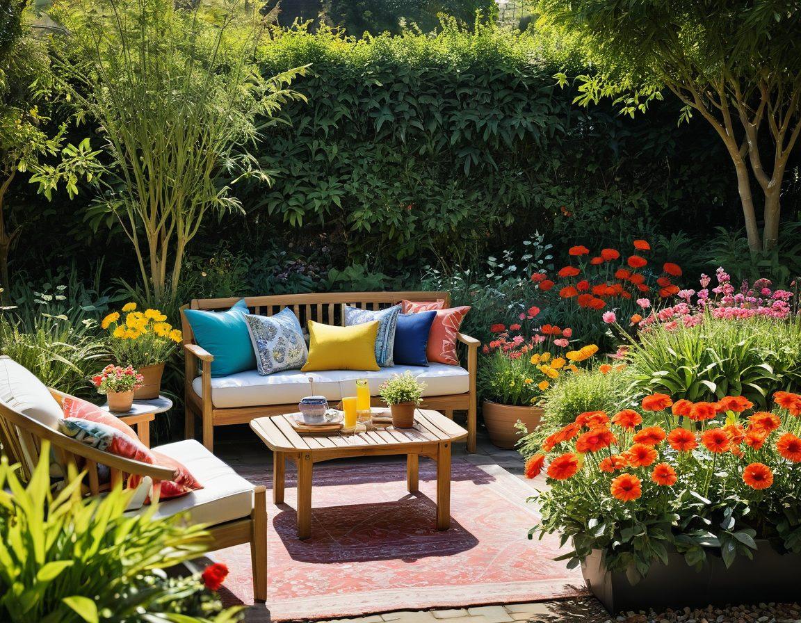 A bright and inviting scene showcasing a sunlit garden filled with colorful flowers, a cozy seating area with cheerful cushions, a picnic setup with healthy snacks, and happy people engaging in joyful activities like reading and laughing. Infuse the image with a sense of warmth, positivity, and tranquility. vibrant colors. super-realistic.