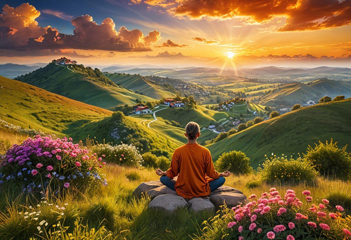 A serene landscape bathed in golden sunlight, featuring a joyful person meditating on a hilltop surrounded by blooming flowers. Bright colors radiate from the scene, symbolizing happiness and well-being, with soft fluffy clouds in the sky. The atmosphere is peaceful and uplifting, inviting viewers to feel a sense of tranquility and joy. super-realistic. vibrant colors. 3D.
